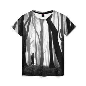 Женская футболка 3D с принтом Утро в лесу в Екатеринбурге, 100% полиэфир ( синтетическое хлопкоподобное полотно) | прямой крой, круглый вырез горловины, длина до линии бедер | black   white | fog | forest | man | morning | photo | silhouette | trees | деревья | лес | силуэт | туман | утро | фото | человек | черно   белое