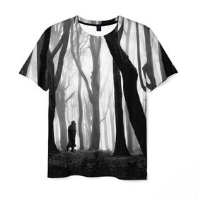 Мужская футболка 3D с принтом Утро в лесу в Екатеринбурге, 100% полиэфир | прямой крой, круглый вырез горловины, длина до линии бедер | black   white | fog | forest | man | morning | photo | silhouette | trees | деревья | лес | силуэт | туман | утро | фото | человек | черно   белое