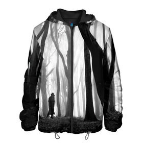 Мужская куртка 3D с принтом Утро в лесу в Екатеринбурге, ткань верха — 100% полиэстер, подклад — флис | прямой крой, подол и капюшон оформлены резинкой с фиксаторами, два кармана без застежек по бокам, один большой потайной карман на груди. Карман на груди застегивается на липучку | black   white | fog | forest | man | morning | photo | silhouette | trees | деревья | лес | силуэт | туман | утро | фото | человек | черно   белое