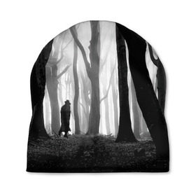 Шапка 3D с принтом Утро в лесу в Екатеринбурге, 100% полиэстер | универсальный размер, печать по всей поверхности изделия | black   white | fog | forest | man | morning | photo | silhouette | trees | деревья | лес | силуэт | туман | утро | фото | человек | черно   белое