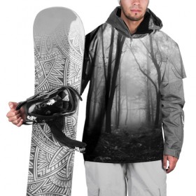 Накидка на куртку 3D с принтом Туман в лесу в Екатеринбурге, 100% полиэстер |  | black   white | fog | forest | morning | photo | silhouette | trees | деревья | лес | силуэт | туман | утро | фото | черно   белое