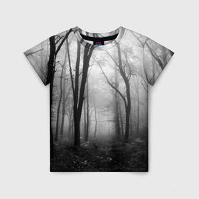 Детская футболка 3D с принтом Туман в лесу в Екатеринбурге, 100% гипоаллергенный полиэфир | прямой крой, круглый вырез горловины, длина до линии бедер, чуть спущенное плечо, ткань немного тянется | black   white | fog | forest | morning | photo | silhouette | trees | деревья | лес | силуэт | туман | утро | фото | черно   белое