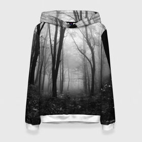 Женская толстовка 3D с принтом Туман в лесу в Екатеринбурге, 100% полиэстер  | двухслойный капюшон со шнурком для регулировки, мягкие манжеты на рукавах и по низу толстовки, спереди карман-кенгуру с мягким внутренним слоем. | black   white | fog | forest | morning | photo | silhouette | trees | деревья | лес | силуэт | туман | утро | фото | черно   белое