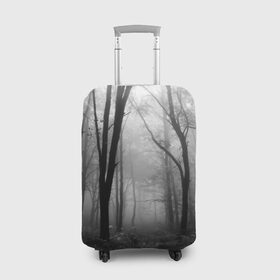 Чехол для чемодана 3D с принтом Туман в лесу в Екатеринбурге, 86% полиэфир, 14% спандекс | двустороннее нанесение принта, прорези для ручек и колес | black   white | fog | forest | morning | photo | silhouette | trees | деревья | лес | силуэт | туман | утро | фото | черно   белое