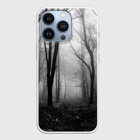 Чехол для iPhone 13 Pro с принтом Туман в лесу в Екатеринбурге,  |  | black   white | fog | forest | morning | photo | silhouette | trees | деревья | лес | силуэт | туман | утро | фото | черно   белое