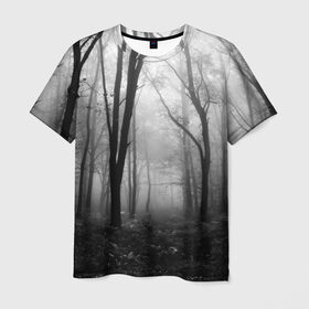 Мужская футболка 3D с принтом Туман в лесу в Екатеринбурге, 100% полиэфир | прямой крой, круглый вырез горловины, длина до линии бедер | black   white | fog | forest | morning | photo | silhouette | trees | деревья | лес | силуэт | туман | утро | фото | черно   белое