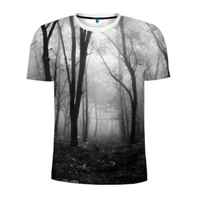 Мужская футболка 3D спортивная с принтом Туман в лесу в Екатеринбурге, 100% полиэстер с улучшенными характеристиками | приталенный силуэт, круглая горловина, широкие плечи, сужается к линии бедра | black   white | fog | forest | morning | photo | silhouette | trees | деревья | лес | силуэт | туман | утро | фото | черно   белое