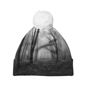 Шапка 3D c помпоном с принтом Туман в лесу в Екатеринбурге, 100% полиэстер | универсальный размер, печать по всей поверхности изделия | black   white | fog | forest | morning | photo | silhouette | trees | деревья | лес | силуэт | туман | утро | фото | черно   белое