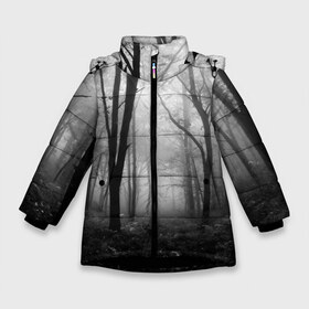 Зимняя куртка для девочек 3D с принтом Туман в лесу в Екатеринбурге, ткань верха — 100% полиэстер; подклад — 100% полиэстер, утеплитель — 100% полиэстер. | длина ниже бедра, удлиненная спинка, воротник стойка и отстегивающийся капюшон. Есть боковые карманы с листочкой на кнопках, утяжки по низу изделия и внутренний карман на молнии. 

Предусмотрены светоотражающий принт на спинке, радужный светоотражающий элемент на пуллере молнии и на резинке для утяжки. | black   white | fog | forest | morning | photo | silhouette | trees | деревья | лес | силуэт | туман | утро | фото | черно   белое