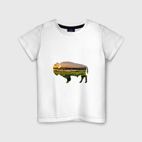 Детская футболка хлопок с принтом бизон закат в Екатеринбурге, 100% хлопок | круглый вырез горловины, полуприлегающий силуэт, длина до линии бедер | Тематика изображения на принте: бизон | закат | залив | зелень | лето | луг | поле | солнце