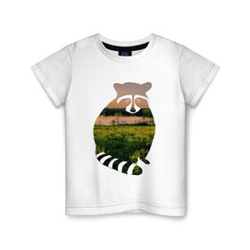 Детская футболка хлопок с принтом енот закат в Екатеринбурге, 100% хлопок | круглый вырез горловины, полуприлегающий силуэт, длина до линии бедер | енот | закат | залив | зелень | лето | луг | поле | солнце