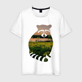 Мужская футболка хлопок с принтом енот закат в Екатеринбурге, 100% хлопок | прямой крой, круглый вырез горловины, длина до линии бедер, слегка спущенное плечо. | енот | закат | залив | зелень | лето | луг | поле | солнце