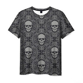 Мужская футболка 3D с принтом Ажурные черепа в Екатеринбурге, 100% полиэфир | прямой крой, круглый вырез горловины, длина до линии бедер | кости | мозаика | узор | череп