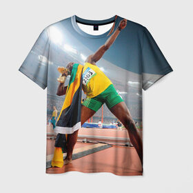 Мужская футболка 3D с принтом Болт в Екатеринбурге, 100% полиэфир | прямой крой, круглый вырез горловины, длина до линии бедер | bolt | атлетика | бег | олимпиада | усэйн