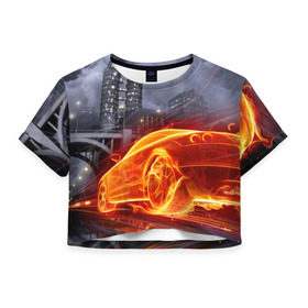Женская футболка 3D укороченная с принтом Огненная погоня в Екатеринбурге, 100% полиэстер | круглая горловина, длина футболки до линии талии, рукава с отворотами | авто | гонки | дым | машина | огонь | пламя