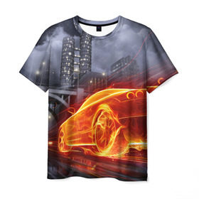 Мужская футболка 3D с принтом Огненная погоня в Екатеринбурге, 100% полиэфир | прямой крой, круглый вырез горловины, длина до линии бедер | авто | гонки | дым | машина | огонь | пламя