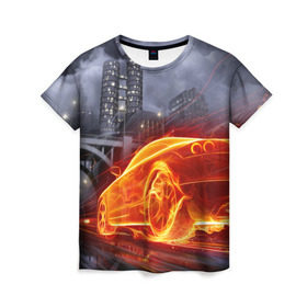 Женская футболка 3D с принтом Огненная погоня в Екатеринбурге, 100% полиэфир ( синтетическое хлопкоподобное полотно) | прямой крой, круглый вырез горловины, длина до линии бедер | авто | гонки | дым | машина | огонь | пламя