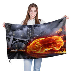 Флаг 3D с принтом Огненная погоня в Екатеринбурге, 100% полиэстер | плотность ткани — 95 г/м2, размер — 67 х 109 см. Принт наносится с одной стороны | авто | гонки | дым | машина | огонь | пламя