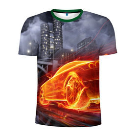 Мужская футболка 3D спортивная с принтом Огненная погоня в Екатеринбурге, 100% полиэстер с улучшенными характеристиками | приталенный силуэт, круглая горловина, широкие плечи, сужается к линии бедра | авто | гонки | дым | машина | огонь | пламя