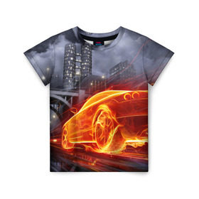 Детская футболка 3D с принтом Огненная погоня в Екатеринбурге, 100% гипоаллергенный полиэфир | прямой крой, круглый вырез горловины, длина до линии бедер, чуть спущенное плечо, ткань немного тянется | авто | гонки | дым | машина | огонь | пламя