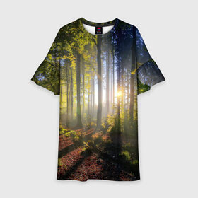 Детское платье 3D с принтом Утро в лесу в Екатеринбурге, 100% полиэстер | прямой силуэт, чуть расширенный к низу. Круглая горловина, на рукавах — воланы | Тематика изображения на принте: bright | fog | forest | morning | sun | tree | trees | дерево | деревья | лес | солнце | туман | утро | яркое