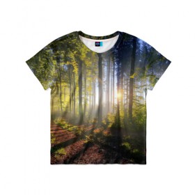 Детская футболка 3D с принтом Утро в лесу в Екатеринбурге, 100% гипоаллергенный полиэфир | прямой крой, круглый вырез горловины, длина до линии бедер, чуть спущенное плечо, ткань немного тянется | Тематика изображения на принте: bright | fog | forest | morning | sun | tree | trees | дерево | деревья | лес | солнце | туман | утро | яркое