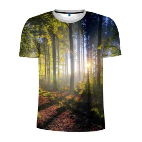 Мужская футболка 3D спортивная с принтом Утро в лесу в Екатеринбурге, 100% полиэстер с улучшенными характеристиками | приталенный силуэт, круглая горловина, широкие плечи, сужается к линии бедра | bright | fog | forest | morning | sun | tree | trees | дерево | деревья | лес | солнце | туман | утро | яркое
