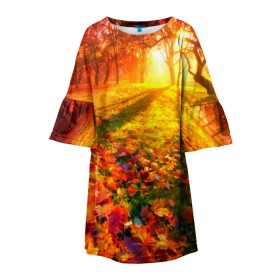 Детское платье 3D с принтом Осень в Екатеринбурге, 100% полиэстер | прямой силуэт, чуть расширенный к низу. Круглая горловина, на рукавах — воланы | Тематика изображения на принте: autumn | bright | colors | forest | trees | деревья | краски | лес | лучи | осень | солнце | цвета | яркие
