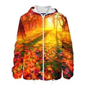 Мужская куртка 3D с принтом Осень в Екатеринбурге, ткань верха — 100% полиэстер, подклад — флис | прямой крой, подол и капюшон оформлены резинкой с фиксаторами, два кармана без застежек по бокам, один большой потайной карман на груди. Карман на груди застегивается на липучку | Тематика изображения на принте: autumn | bright | colors | forest | trees | деревья | краски | лес | лучи | осень | солнце | цвета | яркие
