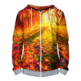 Мужская толстовка 3D на молнии с принтом Осень в Екатеринбурге, 100% полиэстер | длина до линии бедра, манжеты и пояс оформлены мягкой тканевой резинкой, двухслойный капюшон со шнурком для регулировки, спереди молния, по бокам два кармана | autumn | bright | colors | forest | trees | деревья | краски | лес | лучи | осень | солнце | цвета | яркие