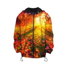 Детская куртка 3D с принтом Осень в Екатеринбурге, 100% полиэстер | застежка — молния, подол и капюшон оформлены резинкой с фиксаторами, по бокам — два кармана без застежек, один потайной карман на груди, плотность верхнего слоя — 90 г/м2; плотность флисового подклада — 260 г/м2 | autumn | bright | colors | forest | trees | деревья | краски | лес | лучи | осень | солнце | цвета | яркие