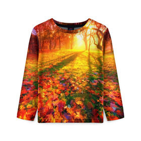 Детский лонгслив 3D с принтом Осень в Екатеринбурге, 100% полиэстер | длинные рукава, круглый вырез горловины, полуприлегающий силуэт
 | autumn | bright | colors | forest | trees | деревья | краски | лес | лучи | осень | солнце | цвета | яркие
