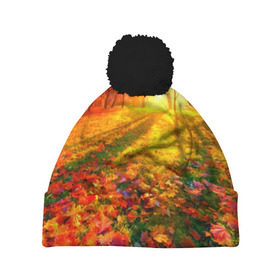 Шапка 3D c помпоном с принтом Осень в Екатеринбурге, 100% полиэстер | универсальный размер, печать по всей поверхности изделия | Тематика изображения на принте: autumn | bright | colors | forest | trees | деревья | краски | лес | лучи | осень | солнце | цвета | яркие