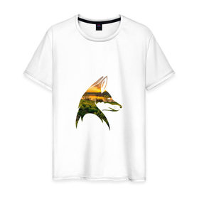 Мужская футболка хлопок с принтом лиса закат в Екатеринбурге, 100% хлопок | прямой крой, круглый вырез горловины, длина до линии бедер, слегка спущенное плечо. | закат | залив | зелень | лето | лис | лиса | луг | поле | солнце
