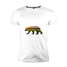Мужская футболка премиум с принтом медведь закат в Екатеринбурге, 92% хлопок, 8% лайкра | приталенный силуэт, круглый вырез ворота, длина до линии бедра, короткий рукав | 