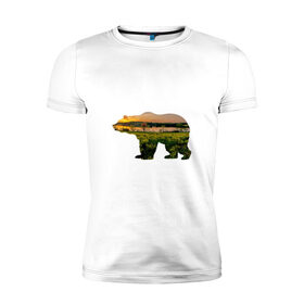 Мужская футболка премиум с принтом медведь закат в Екатеринбурге, 92% хлопок, 8% лайкра | приталенный силуэт, круглый вырез ворота, длина до линии бедра, короткий рукав | закат | залив | зелень | лето | луг | медведь | мишка | поле | солнце