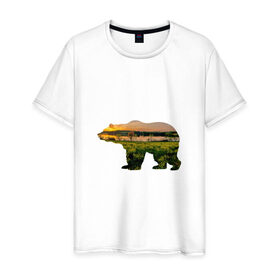 Мужская футболка хлопок с принтом медведь закат в Екатеринбурге, 100% хлопок | прямой крой, круглый вырез горловины, длина до линии бедер, слегка спущенное плечо. | закат | залив | зелень | лето | луг | медведь | мишка | поле | солнце