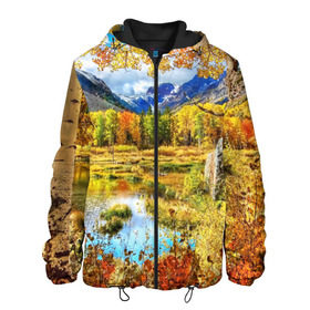 Мужская куртка 3D с принтом Горное озеро в Екатеринбурге, ткань верха — 100% полиэстер, подклад — флис | прямой крой, подол и капюшон оформлены резинкой с фиксаторами, два кармана без застежек по бокам, один большой потайной карман на груди. Карман на груди застегивается на липучку | autumn | bright | clouds | colors | forest | mountains | river | trees | горы | деревья | краски | лес | облака | осень | река | цвета | яркие