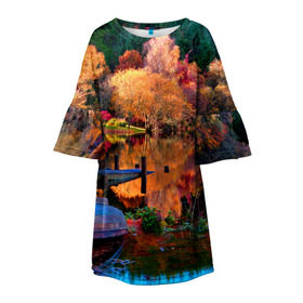 Детское платье 3D с принтом Осень в Екатеринбурге, 100% полиэстер | прямой силуэт, чуть расширенный к низу. Круглая горловина, на рукавах — воланы | Тематика изображения на принте: autumn | boat | bright | colors | forest | paint | river | trees | деревья | краски | лес | лодка | осень | река | цвета | яркие