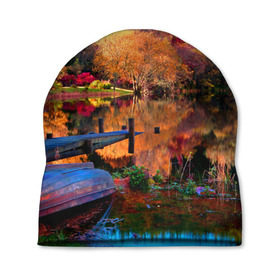 Шапка 3D с принтом Осень в Екатеринбурге, 100% полиэстер | универсальный размер, печать по всей поверхности изделия | autumn | boat | bright | colors | forest | paint | river | trees | деревья | краски | лес | лодка | осень | река | цвета | яркие