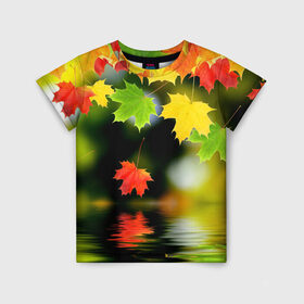 Детская футболка 3D с принтом Осень в Екатеринбурге, 100% гипоаллергенный полиэфир | прямой крой, круглый вырез горловины, длина до линии бедер, чуть спущенное плечо, ткань немного тянется | Тематика изображения на принте: autumn | bright | color | forest | leaves | maple | paint | reflection | river | trees | деревья | клён | краски | лес | листья | осень | отражение | река | цвета | яркие