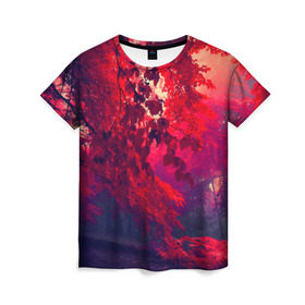 Женская футболка 3D с принтом Осень в Екатеринбурге, 100% полиэфир ( синтетическое хлопкоподобное полотно) | прямой крой, круглый вырез горловины, длина до линии бедер | Тематика изображения на принте: autumn | bright | colors | forest | trees | деревья | краски | лес | лучи | осень | солнце | цвета | яркие