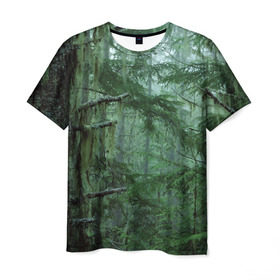 Мужская футболка 3D с принтом Дремучий лес в Екатеринбурге, 100% полиэфир | прямой крой, круглый вырез горловины, длина до линии бедер | Тематика изображения на принте: camouflage | dense | fog | forest | spruce | tree | дремучий | ёлка | ельник | камуфляж | лес | маскировка | туман