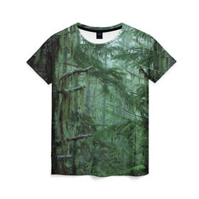 Женская футболка 3D с принтом Дремучий лес в Екатеринбурге, 100% полиэфир ( синтетическое хлопкоподобное полотно) | прямой крой, круглый вырез горловины, длина до линии бедер | camouflage | dense | fog | forest | spruce | tree | дремучий | ёлка | ельник | камуфляж | лес | маскировка | туман