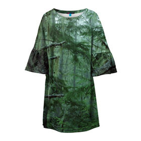 Детское платье 3D с принтом Дремучий лес в Екатеринбурге, 100% полиэстер | прямой силуэт, чуть расширенный к низу. Круглая горловина, на рукавах — воланы | camouflage | dense | fog | forest | spruce | tree | дремучий | ёлка | ельник | камуфляж | лес | маскировка | туман