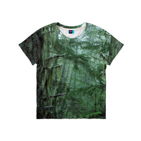 Детская футболка 3D с принтом Дремучий лес в Екатеринбурге, 100% гипоаллергенный полиэфир | прямой крой, круглый вырез горловины, длина до линии бедер, чуть спущенное плечо, ткань немного тянется | camouflage | dense | fog | forest | spruce | tree | дремучий | ёлка | ельник | камуфляж | лес | маскировка | туман