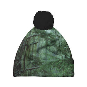 Шапка 3D c помпоном с принтом Дремучий лес в Екатеринбурге, 100% полиэстер | универсальный размер, печать по всей поверхности изделия | camouflage | dense | fog | forest | spruce | tree | дремучий | ёлка | ельник | камуфляж | лес | маскировка | туман