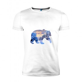 Мужская футболка премиум с принтом медведь зима в Екатеринбурге, 92% хлопок, 8% лайкра | приталенный силуэт, круглый вырез ворота, длина до линии бедра, короткий рукав | деревья | зима | медведь | облака | снег | солнце