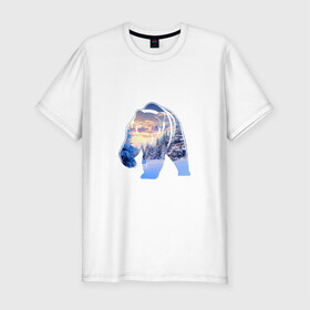 Мужская футболка премиум с принтом медведь зима в Екатеринбурге, 92% хлопок, 8% лайкра | приталенный силуэт, круглый вырез ворота, длина до линии бедра, короткий рукав | 