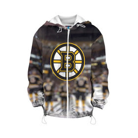 Детская куртка 3D с принтом Boston Bruins в Екатеринбурге, 100% полиэстер | застежка — молния, подол и капюшон оформлены резинкой с фиксаторами, по бокам — два кармана без застежек, один потайной карман на груди, плотность верхнего слоя — 90 г/м2; плотность флисового подклада — 260 г/м2 | Тематика изображения на принте: бостон | брюинз